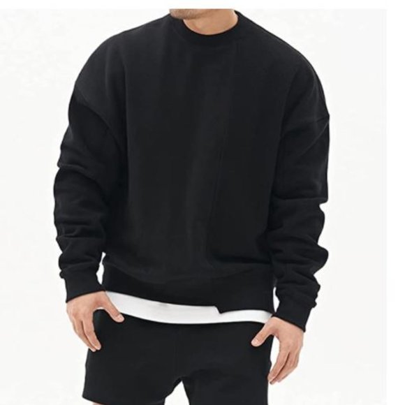 Mens Patchwork Crewneck Sweatshirt Long-Sleeve Lightweight Terry Sweatshirt